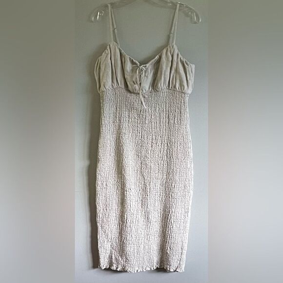J Crew 100% Linen Smocked Shirred Spaghetti Strap Dress Size 14 - Picture 3 of 7
